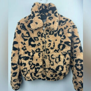 BAGATELLE NYC Faux Feather Leopard print zip up Sherpa Jacket size XS
